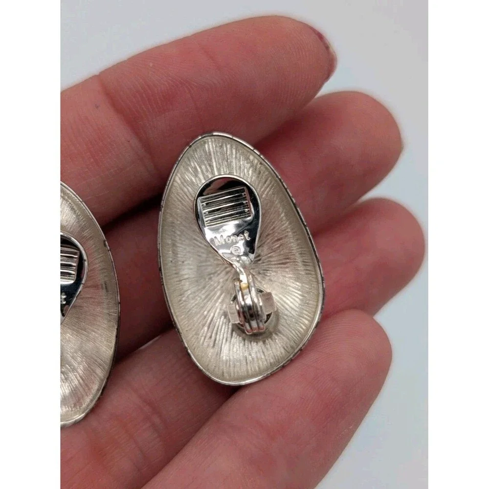 Vintage Signed Monet Silver Teardrop Clip Earrings Abstract Modernist Art Deco